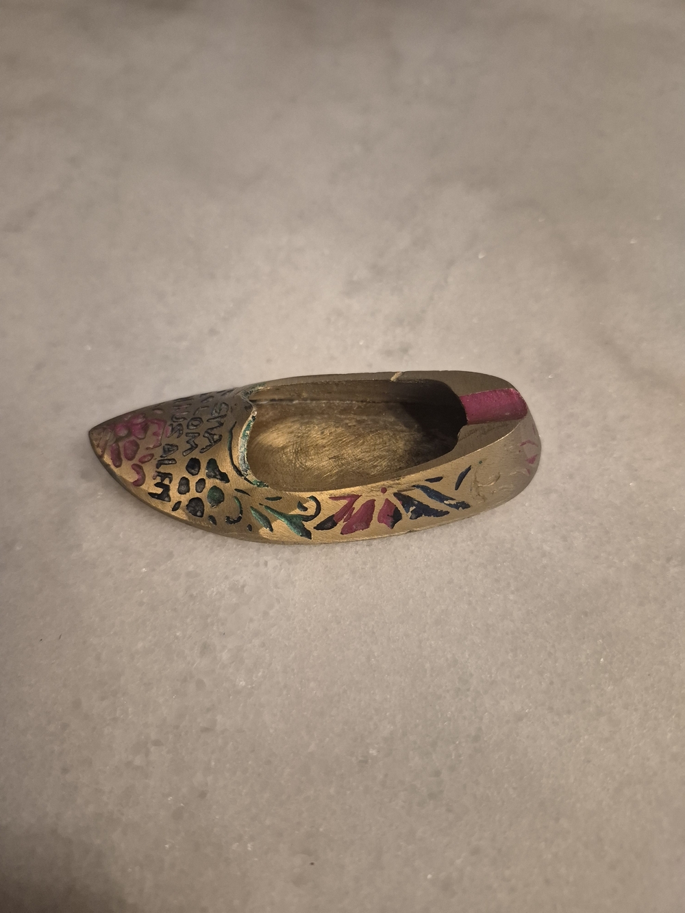 Brass Decorative Shoe Trinket Dish/Ashtray with Hand-Painted Shalom Jerusalem - Picture 2 of 4